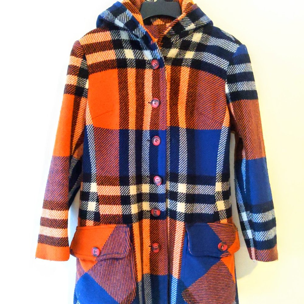 Vintage 1970s Orange and Blue Sears Plaid Hooded Coat Jacket Womens M